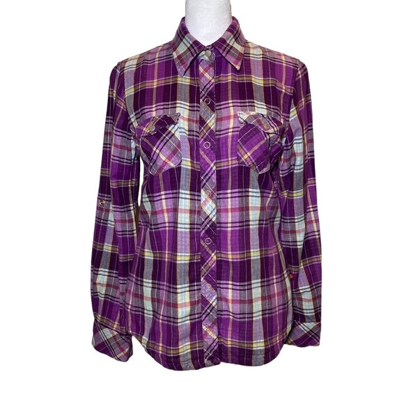 Dickies Work women's size Small Purple plaid snap up roll tab sleeve 100% cotton - Picture 1 of 10